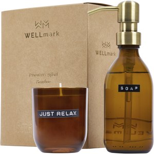 WELLmark 126308 - Dispensador de jabón de manos de 200 ml y juego de velas perfumadas de 150 g con fragancia de bambú "Wellmark Discovery" Amber Heather
