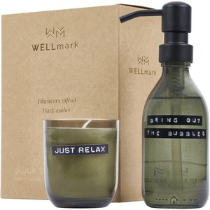 WELLmark 126311 - Dispensador de jabón de manos de 200 ml y juego de velas aromáticas de 150 g con fragancia de ámbar oscuro "Wellmark Discover